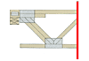 Partial view of a truss top chord connection with tension and compression members meeting at a node point, detailed with bolts and gusset plates.